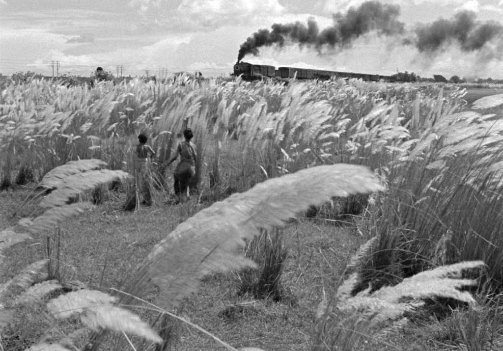 Two children watch a train go by in the distance in a black and white scene from Pather Panchali.