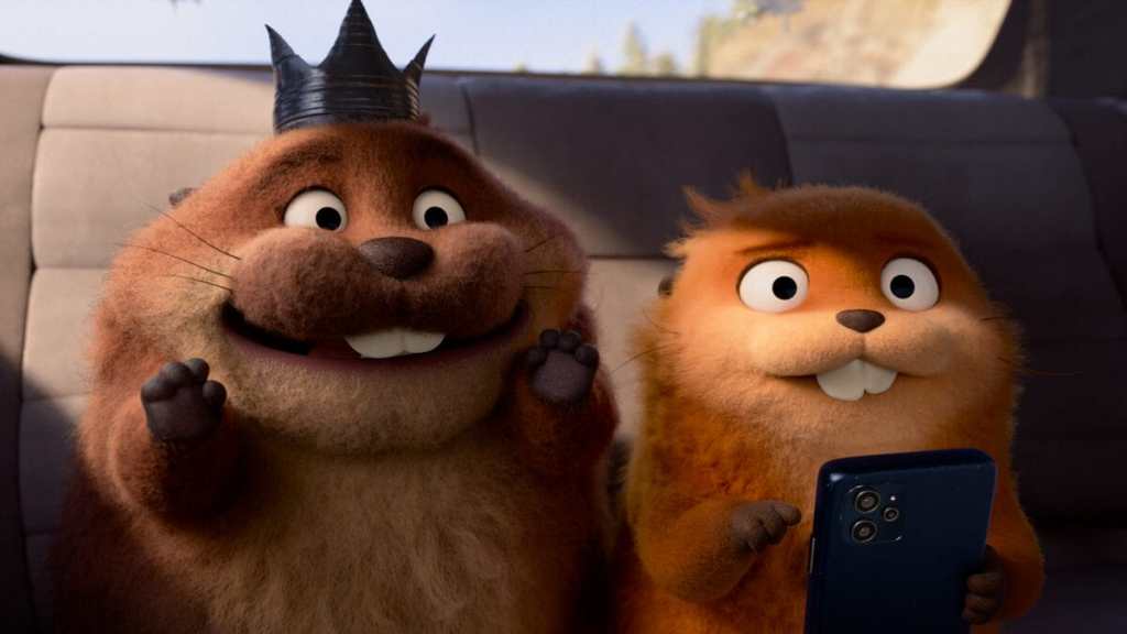 Two digitally animated beavers, one wearing a crown, in a scene from Pixar's Hoppers.